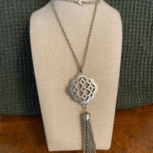Silver Tone Pendant Necklace with Tassel 24”+ 3.5” extender